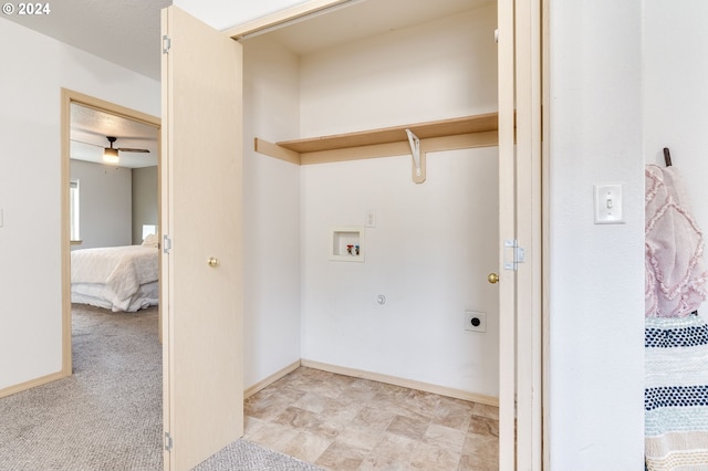 laundry room featuring ceiling fan, light colored carpet, washer hookup, and electric dryer hookup