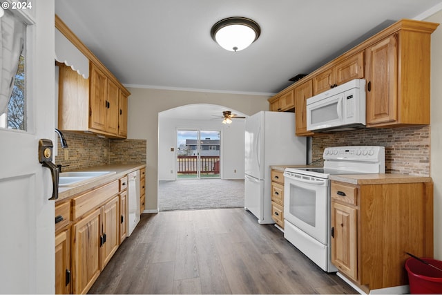 kitchen with wood-type flooring, sink, ornamental molding, ceiling fan, and white appliances