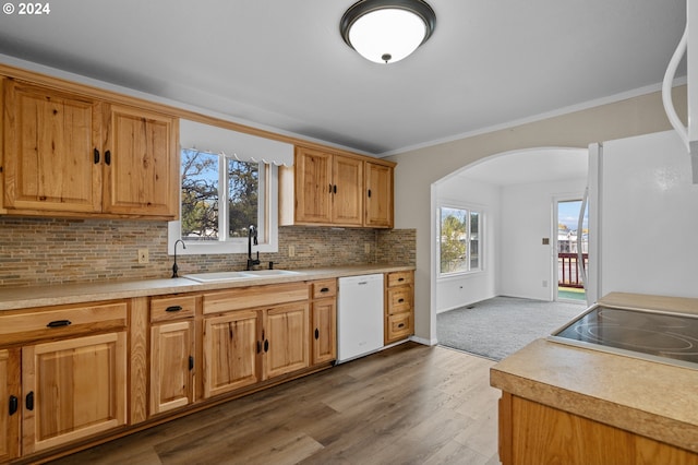 kitchen with sink, white appliances, crown molding, dark hardwood / wood-style flooring, and decorative backsplash