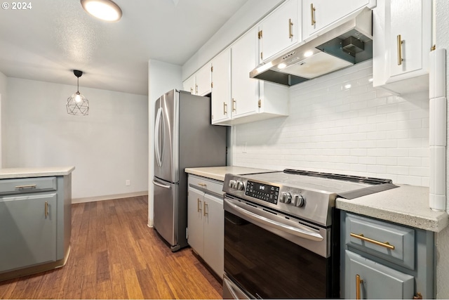 kitchen with hanging light fixtures, gray cabinetry, light hardwood / wood-style flooring, appliances with stainless steel finishes, and white cabinetry