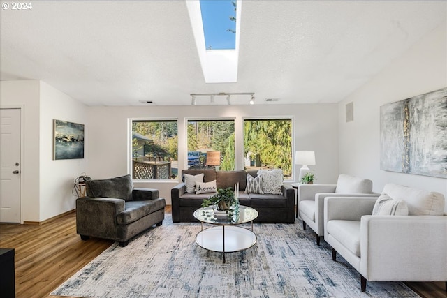 living room with a textured ceiling and hardwood / wood-style flooring