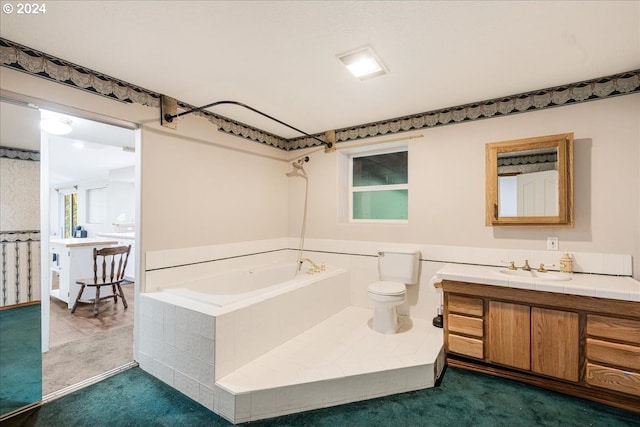 bathroom featuring vanity, toilet, and a bath