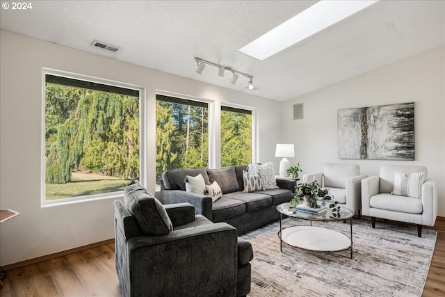 living room with a textured ceiling, wood-type flooring, and lofted ceiling with skylight