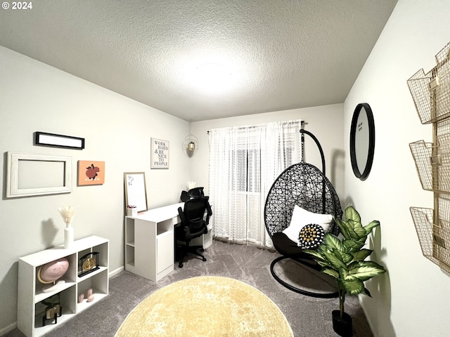 office area with carpet flooring and a textured ceiling