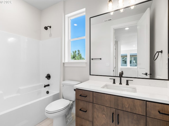bathroom with bathtub / shower combination, visible vents, toilet, and vanity