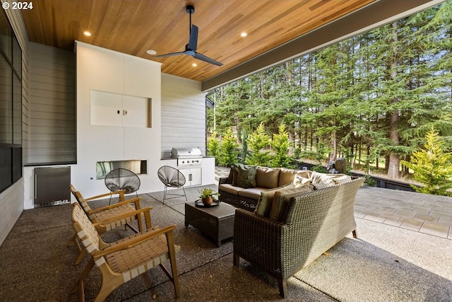 view of patio featuring ceiling fan, an outdoor hangout area, and area for grilling