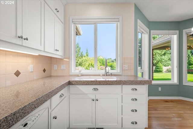 kitchen with white cabinetry, light hardwood / wood-style floors, backsplash, and sink