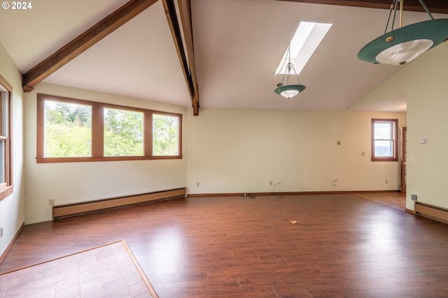 interior space featuring a skylight, beamed ceiling, a baseboard radiator, and hardwood / wood-style flooring