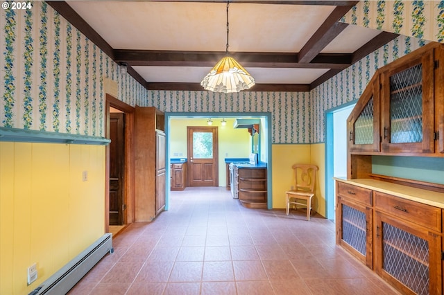 unfurnished dining area featuring baseboard heating, beamed ceiling, and a notable chandelier