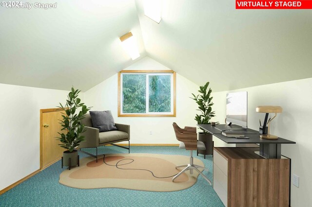 office space featuring lofted ceiling and carpet flooring