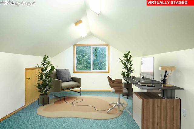 office area with carpet, baseboards, and vaulted ceiling