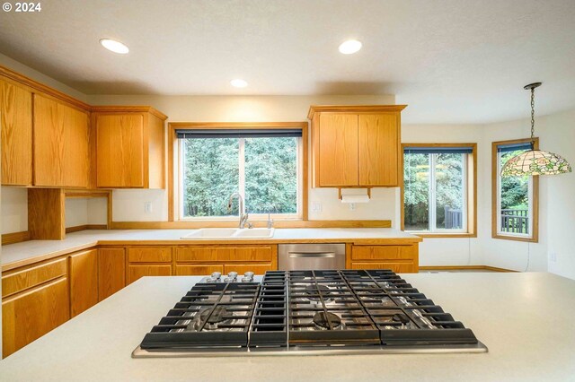 kitchen with sink, decorative light fixtures, and appliances with stainless steel finishes