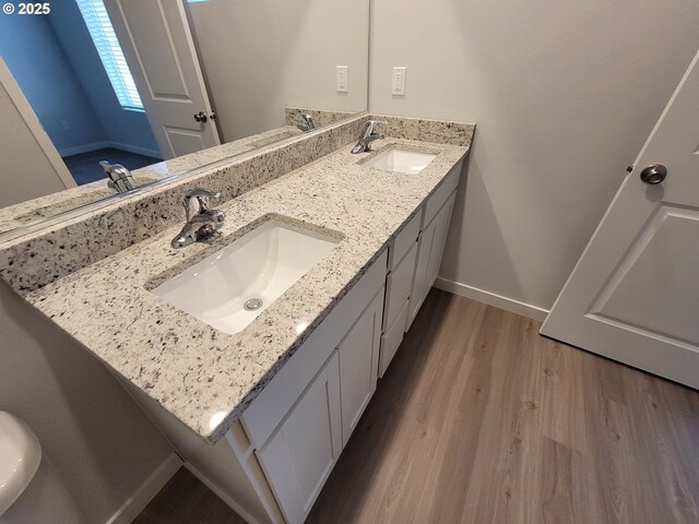 bathroom featuring double vanity, baseboards, a sink, and wood finished floors