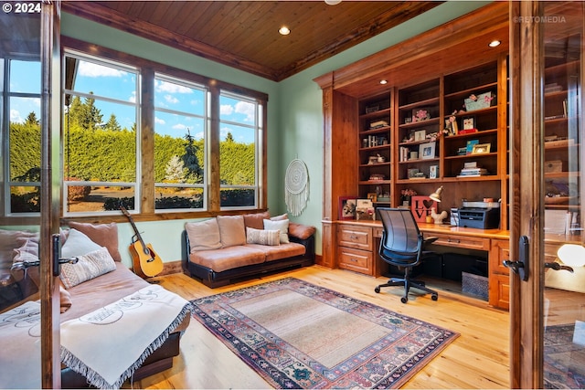 home office featuring french doors, a wealth of natural light, wood-type flooring, and wooden ceiling