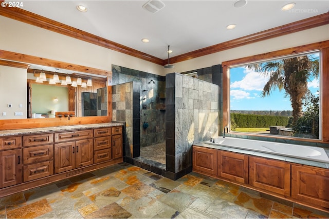 bathroom featuring vanity, plus walk in shower, and ornamental molding