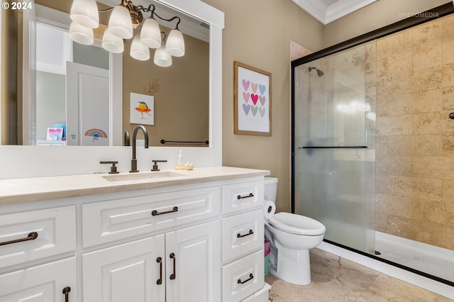 bathroom featuring a shower with door, tile patterned flooring, ornamental molding, vanity, and toilet