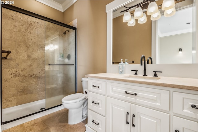 bathroom with ornamental molding, vanity, tile patterned flooring, toilet, and a shower with shower door