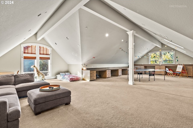 living room featuring a textured ceiling, light colored carpet, and vaulted ceiling with beams