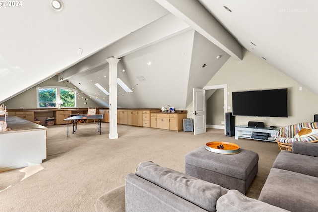 living room featuring lofted ceiling with beams and light colored carpet