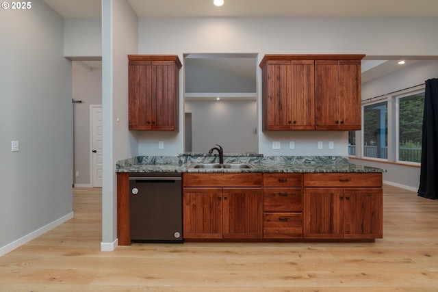 kitchen with dishwashing machine, light wood-style flooring, stone countertops, a sink, and baseboards