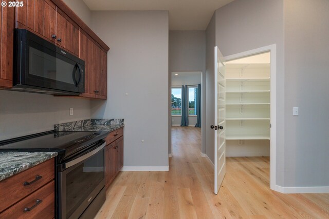 kitchen with light hardwood / wood-style flooring, appliances with stainless steel finishes, and dark stone counters