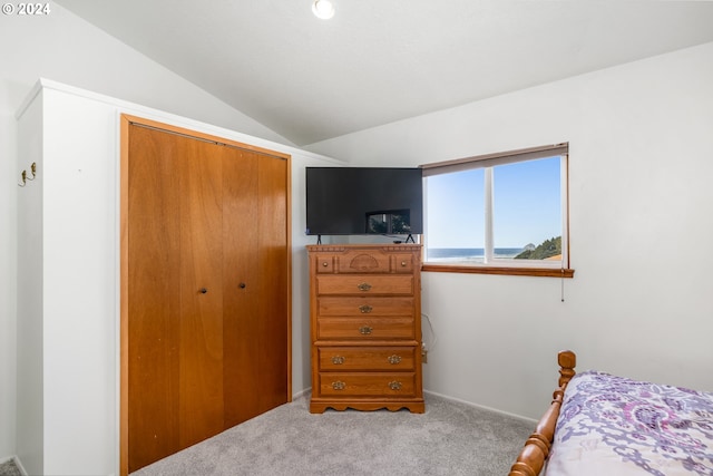 carpeted bedroom with a closet and vaulted ceiling