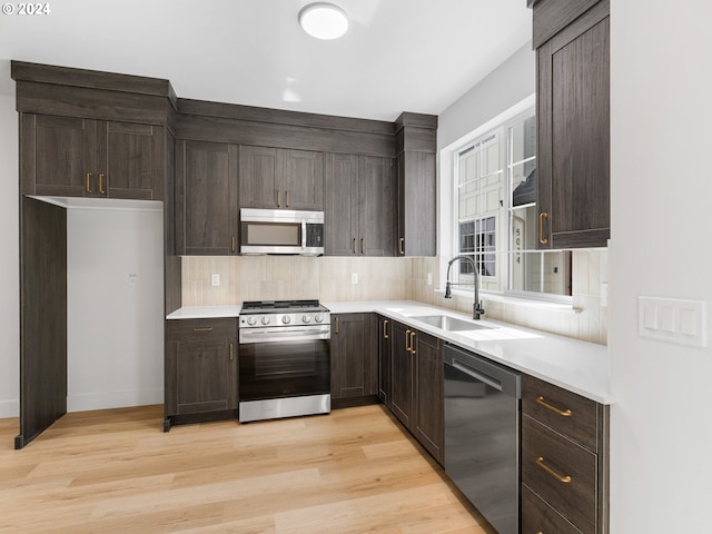 kitchen featuring backsplash, stainless steel appliances, sink, and light wood-type flooring