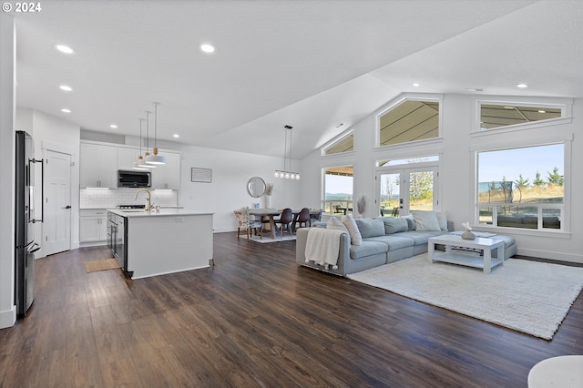 living room featuring dark hardwood / wood-style flooring, high vaulted ceiling, and french doors