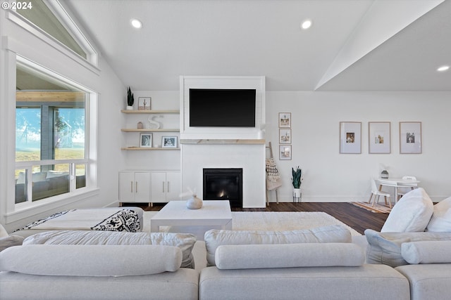 living room featuring wood-type flooring and vaulted ceiling