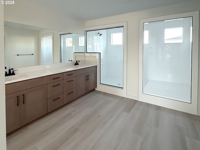 bathroom featuring double vanity, walk in shower, a sink, and wood finished floors