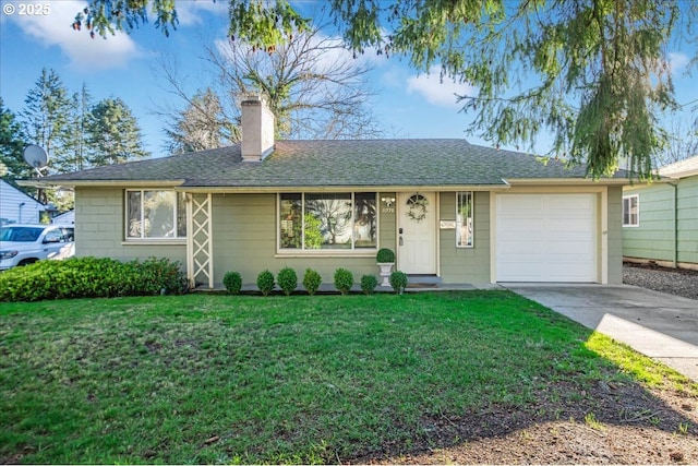 single story home featuring a front yard and a garage