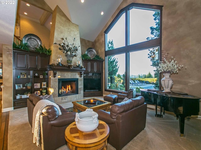 living room featuring high vaulted ceiling, light colored carpet, and a tile fireplace