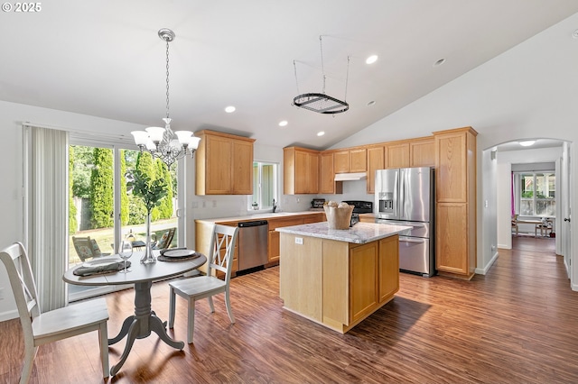 1157 Yew St, Junction City, OR 97448 - kitchen featuring appliances with stainless steel finishes, arched walkways, lofted ceiling, a center island, and wood finished floors