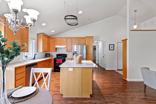 1157 Yew St, Junction City, OR 97448 - kitchen with appliances with stainless steel finishes, arched walkways, a sink, a kitchen island, and wood finished floors