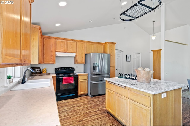 1157 Yew St, Junction City, OR 97448 - kitchen with electric range, stainless steel fridge with ice dispenser, under cabinet range hood, a sink, and high vaulted ceiling