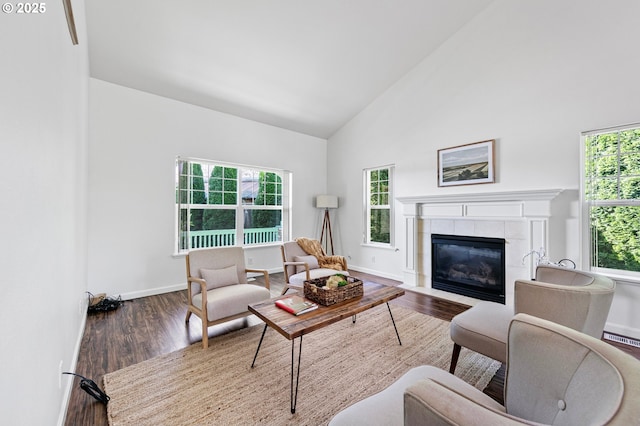 1157 Yew St, Junction City, OR 97448 - living room featuring wood finished floors, plenty of natural light, high vaulted ceiling, a tile fireplace, and baseboards