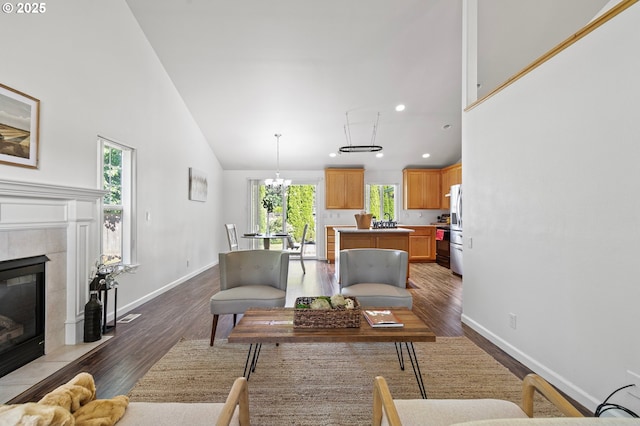 1157 Yew St, Junction City, OR 97448 - living area with wood finished floors, baseboards, high vaulted ceiling, recessed lighting, and a fireplace
