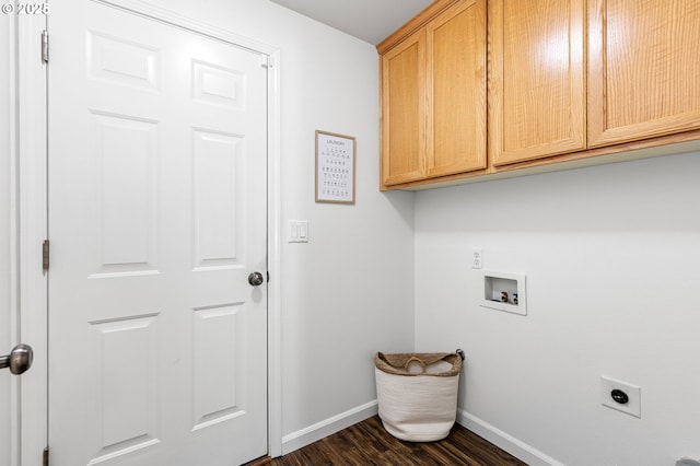 1157 Yew St, Junction City, OR 97448 - laundry area featuring baseboards, cabinet space, electric dryer hookup, dark wood finished floors, and washer hookup