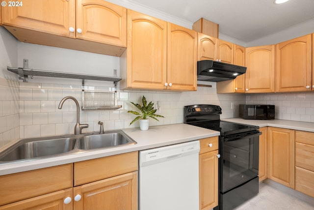 kitchen with light brown cabinets, sink, black appliances, crown molding, and tasteful backsplash