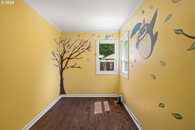 clothes washing area featuring ornamental molding and hardwood / wood-style flooring