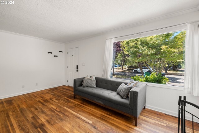 living area with ornamental molding, a textured ceiling, and wood-type flooring