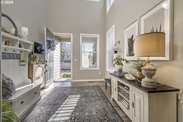 mudroom with dark wood-style flooring, baseboards, and a high ceiling