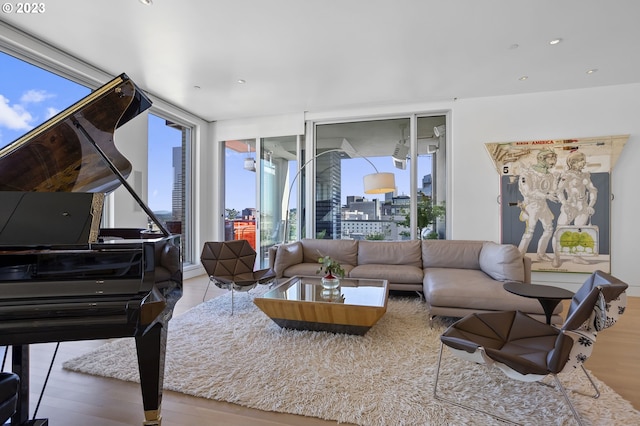 living room with wood-type flooring and a wall of windows