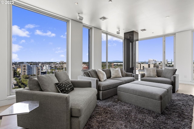 living room with expansive windows and light hardwood / wood-style flooring