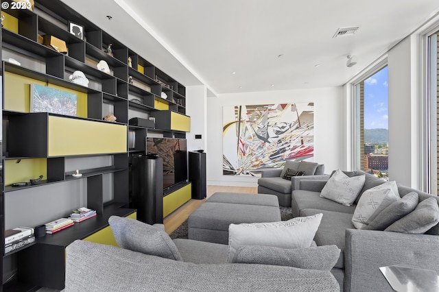 living room with light hardwood / wood-style flooring