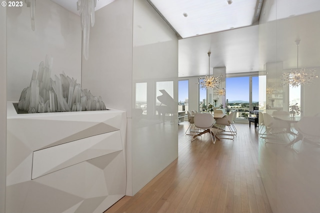 hallway with hardwood / wood-style flooring, an inviting chandelier, and a wall of windows