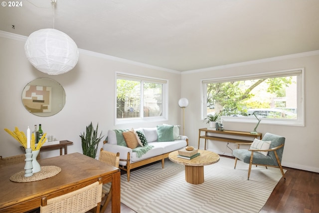 living room featuring dark wood-type flooring, ornamental molding, and plenty of natural light