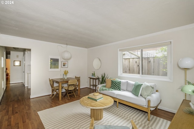 living room with dark wood-type flooring and crown molding