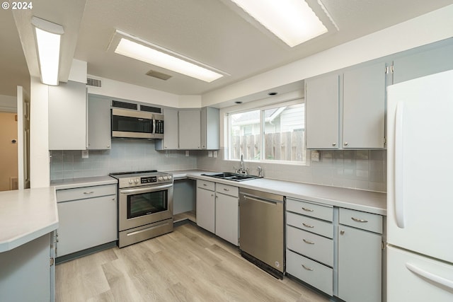 kitchen with sink, gray cabinetry, stainless steel appliances, light hardwood / wood-style floors, and decorative backsplash