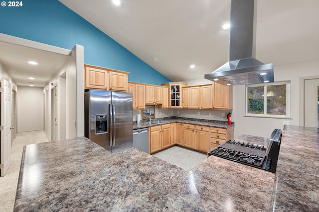 kitchen featuring light brown cabinetry, island exhaust hood, appliances with stainless steel finishes, and light colored carpet